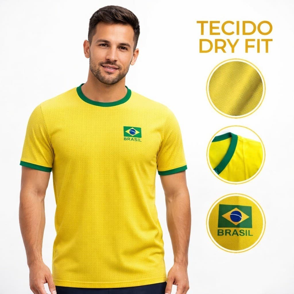 Camiseta Brasil Dry Fit Respirável Unissex Copa do P ao GG