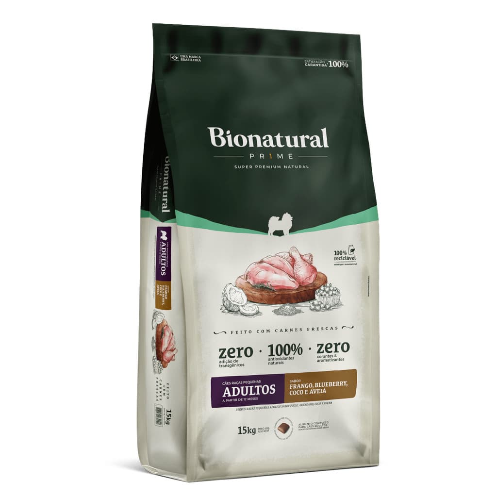 Ração Cães Bionatural Prime 15kg Adulto Raças Pequena Frango Coco Bluberry Chia