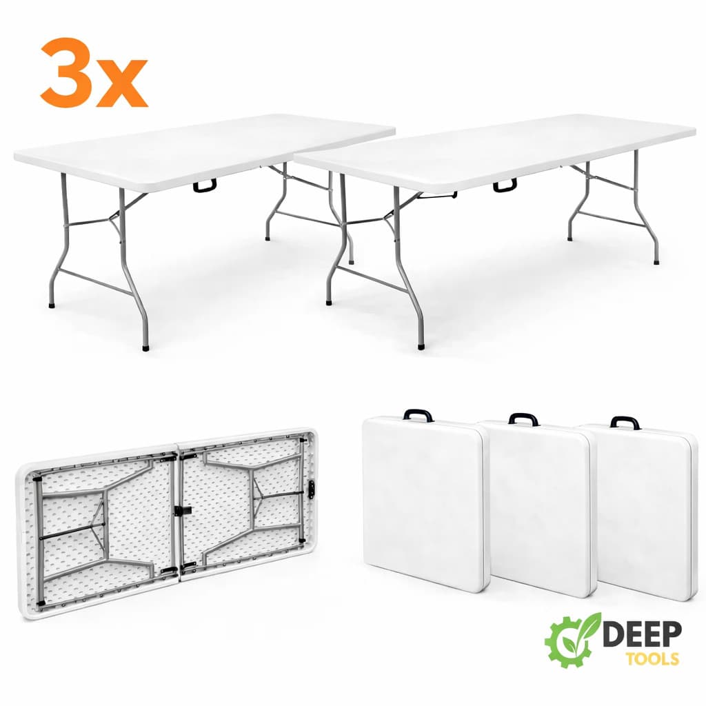 Kit Com 3 Mesas Dobráveis Portátil 1,80m Vira Maleta com Alça Camping Praia Festas Jardim Eventos Deep Tools