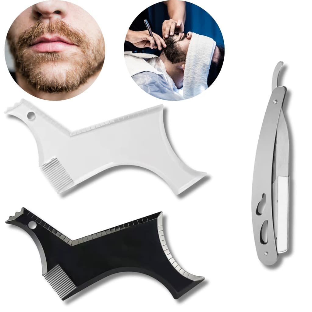 Kit Régua Modeladora Para Barba Com Pente Molde Alinhador + Navalha Aço Inox