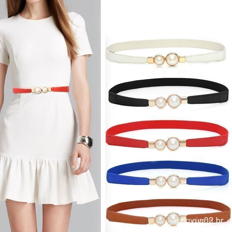 Cinto Feminino de Couro PU com Dupla Pérola, Cinto Elástico de Cor Sólida, Acessório