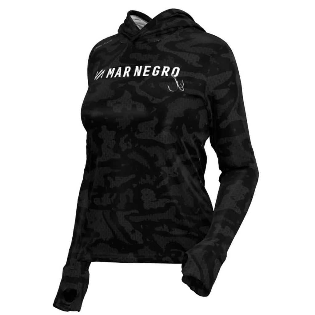 CAMISA DE PESCA FEMININA COM PROTEÇÃO UV CAPUZ LUVA BY LO MOURÃO MAR NEGRO