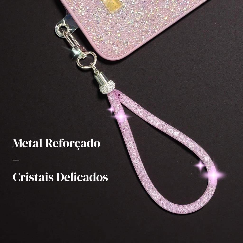 Correias Cordão Pulseira curto c/Diamantes Cristal Interior para Capinha Celular Chaveiro Anti-Queda
