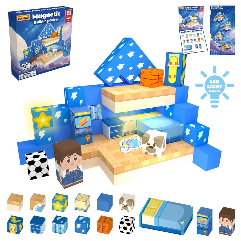 100 Pcs Blocos De Construção Magnéticos Versão Azul Atualizada Para Casa Com 2 Luz LED Integrados STEM Educacional Criat