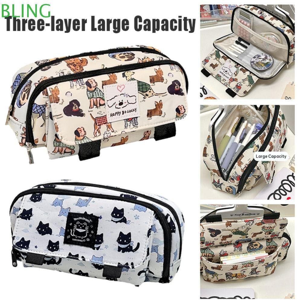 Bolsa De Caneta BLING , Lápis Retrô De Lona Para Cachorro , Capa Flip De Grande Capacidade , Papelaria Gato Fofo