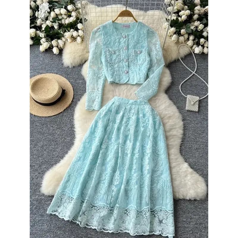 Outono Elegante Flor Bordado Renda Duas Peças Conjunto De Correspondência Feminino Manga Longa Pérolas Botão Colheita To