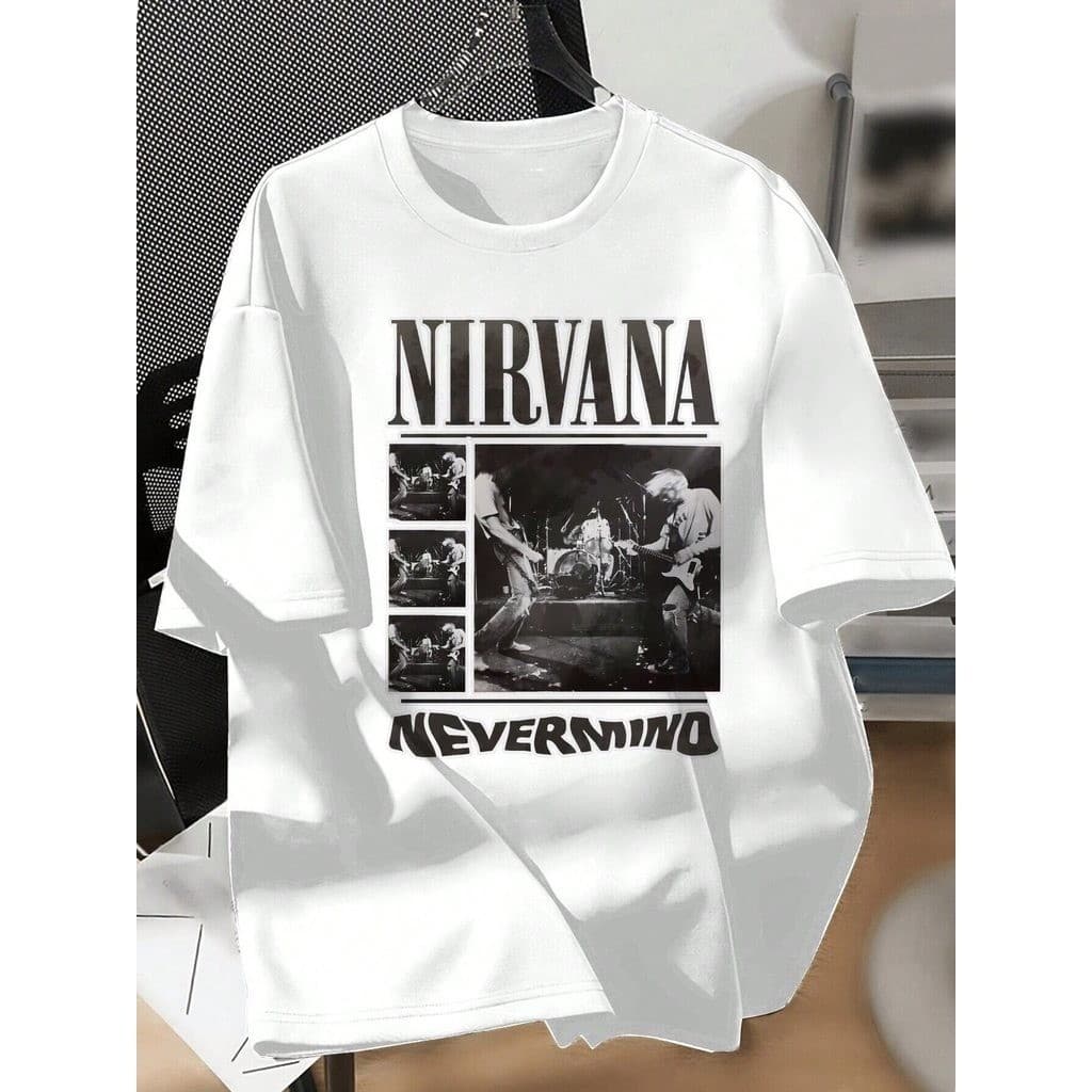 Camiseta Unissex Vintage de Banda de Rock - Estampa do Álbum Nevermind, Manga Curta Gola Redonda Branca, Poliéster