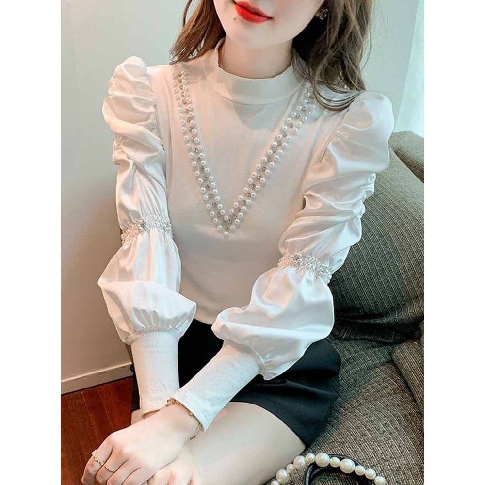 Design nicho indústria pesada frisado Chiffon camisa feminina 2026 primavera outono novo estilo francês chique manga Puf
