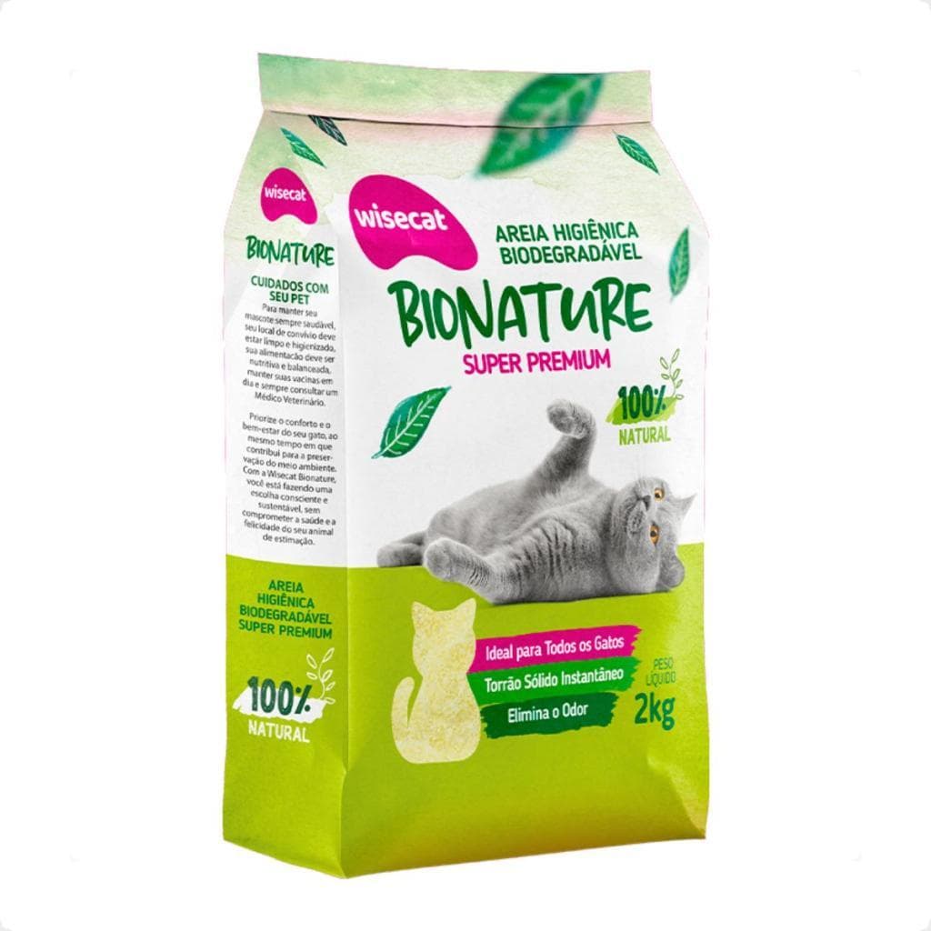 Areia Gato Wisecat Bionature Grossa 2kg - Ultra Absorção, Sem Poeira e Torrão Firme