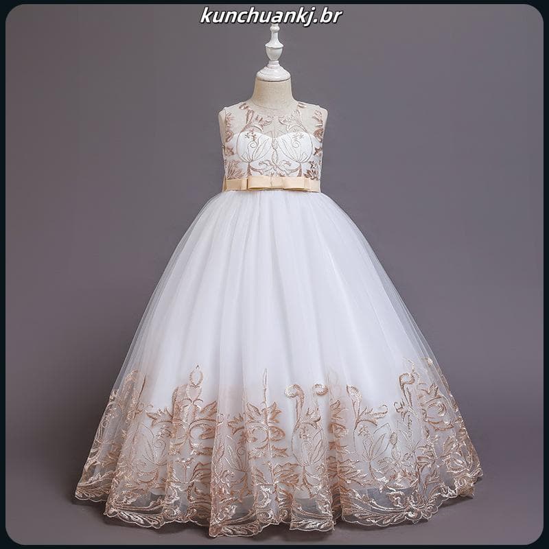 Estilo vestido infantil arco vestido de princesa longo renda desempenho meninas vestido desempenho roupas