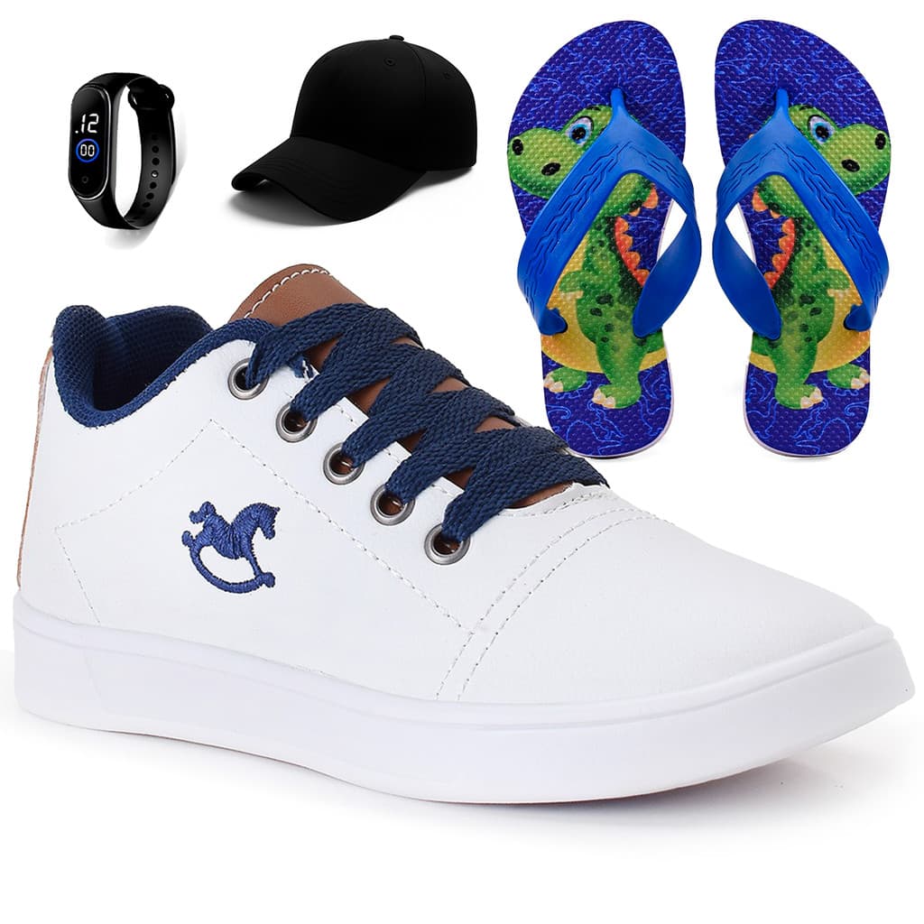 Kit Tênis Infantil Menino Branco + Boné + Chinelo + Relógio