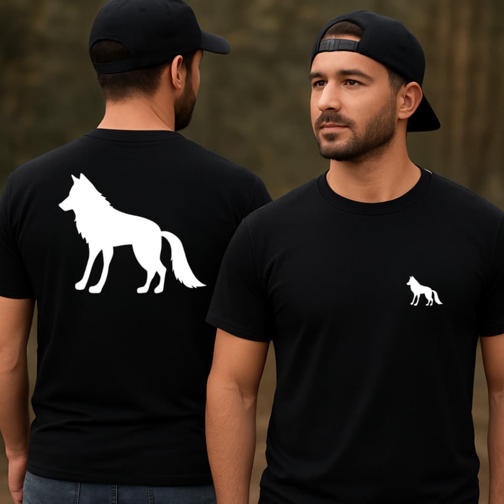 Camiseta Algodão Premium Masculina Preta Estampa Lobo Frente e Costas – Moda Streetwear Casual