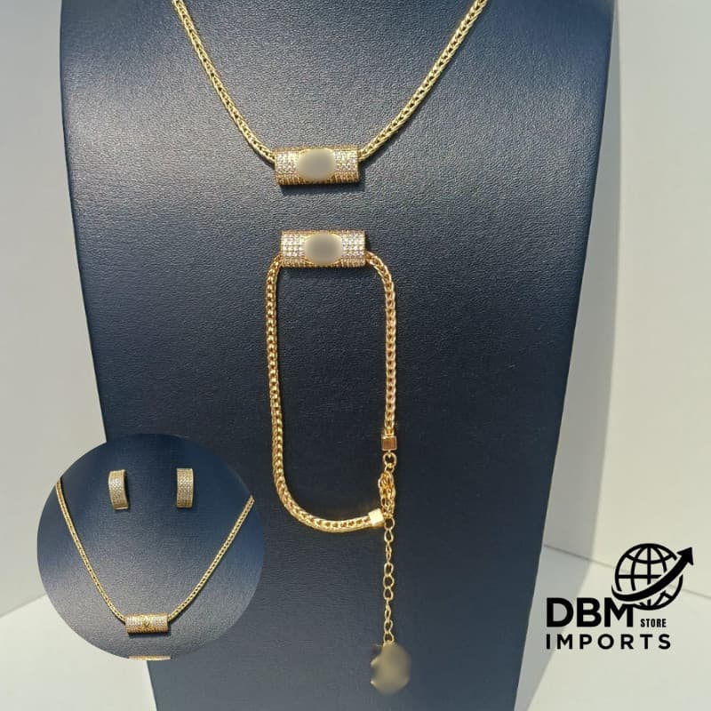✨ Conjunto Feminino Colar + Brincos + Pulseiras Luxo com Detalhes em Zircônia – Dourado ✨