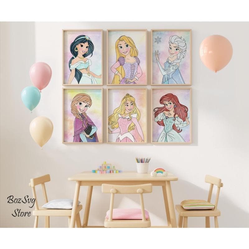 Quadro decorativo 6 peças princesas Rapunzel Aurora Frozen