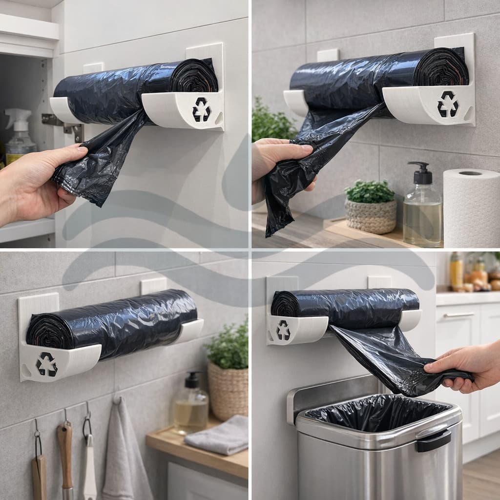 Suporte Rolo de Sacos Plásticos Sacolas de Lixo para Armário – Organização de Cozinha sem Parafusos