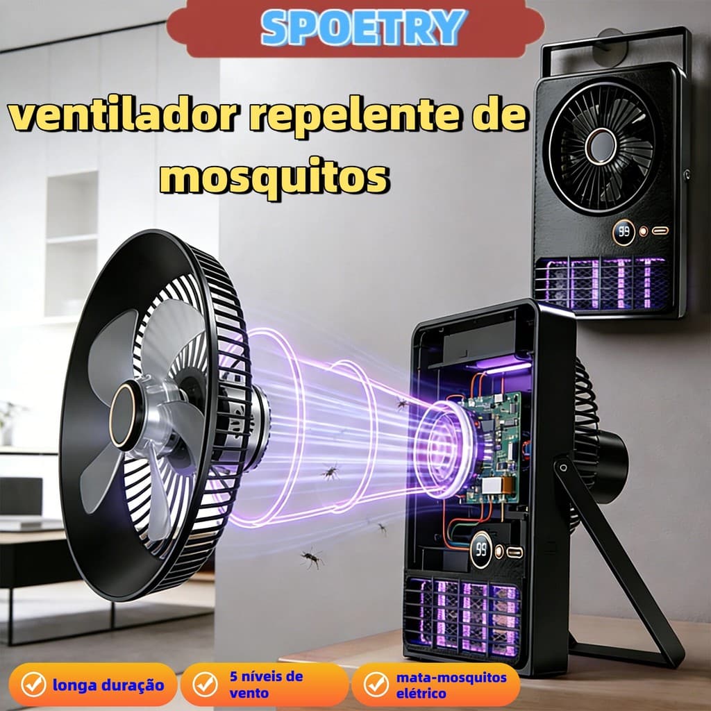 Ventilador Portátil SPOETRY 2 em 1 Mata Mosquito Elétrico Luz UV 5 Velocidades Recarregável Parede e Mesa