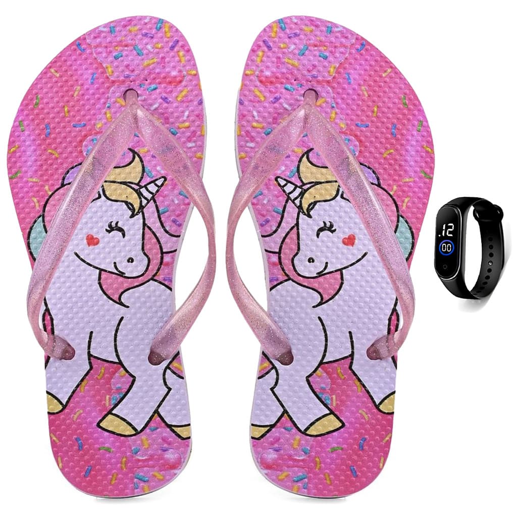 Kit Chinelo Infantil Unicórnio + Relógio Digital