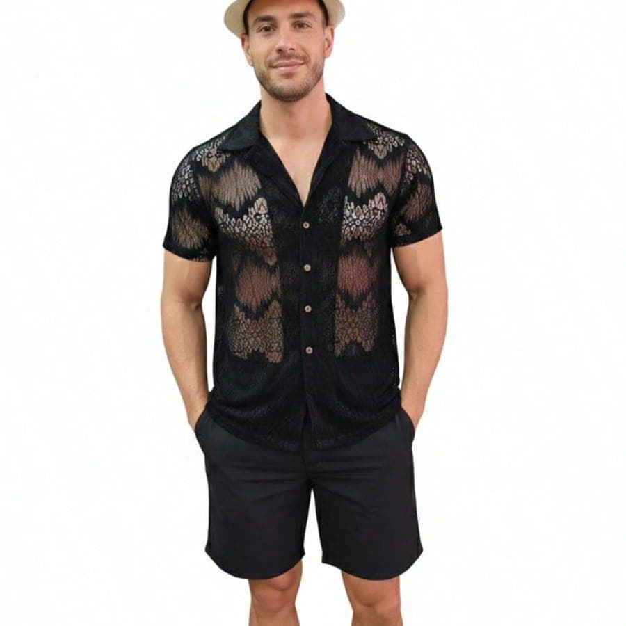 Camisa Masculina de Renda Premium - Transparência Chic Muscle Fit Estilo Resort