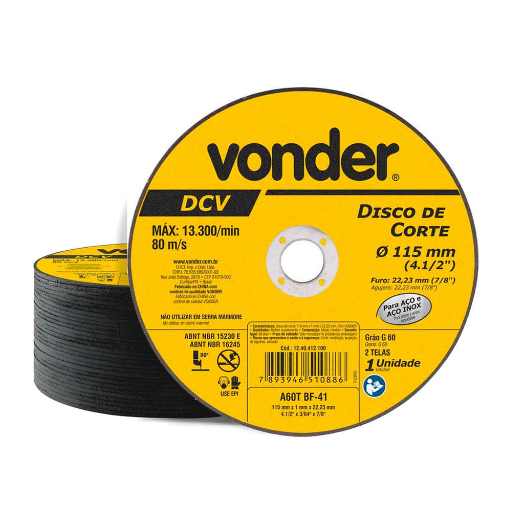 Kit 50 Disco De Corte 115mm X 1,0mm X 22,23mm Grão G60 Vonder