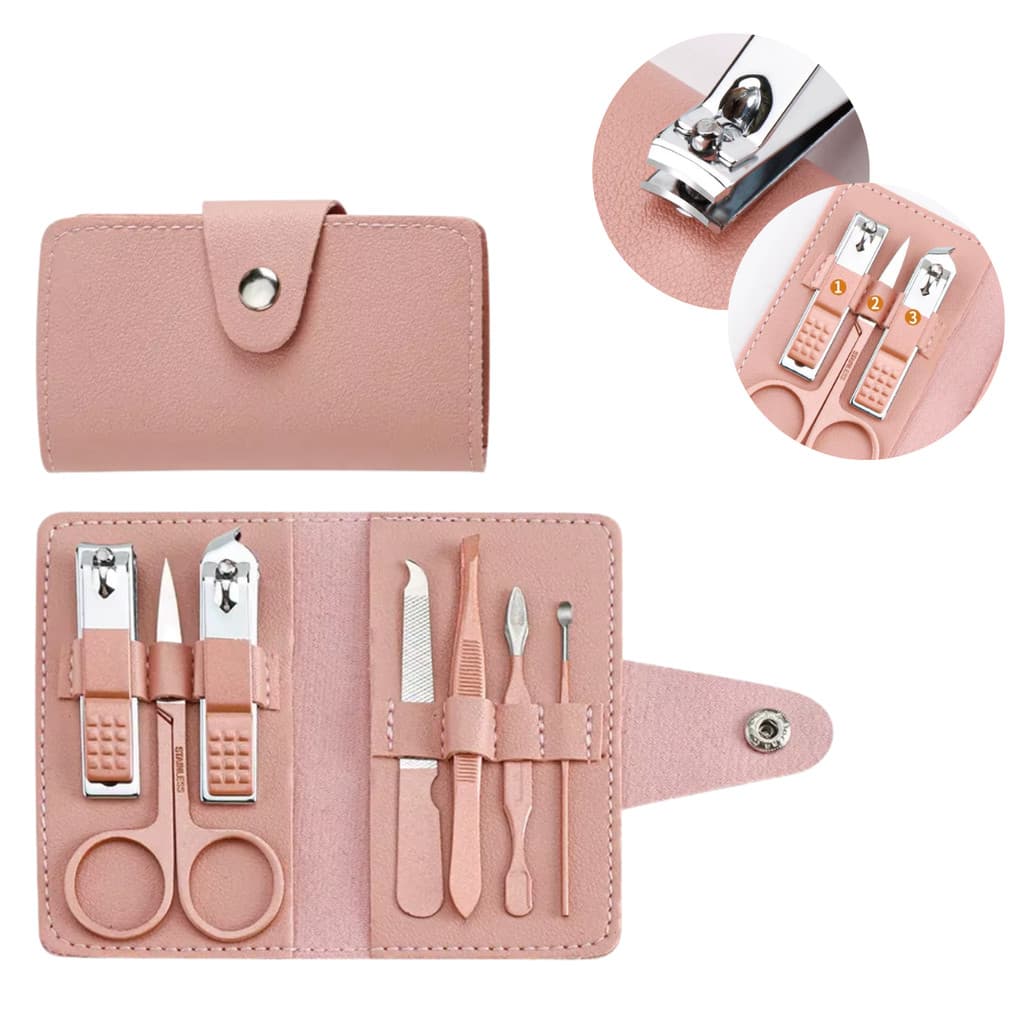 Kit 7 Peças Completo Cortador De Unha Cutícula Pinça Tesoura Lixa Manicure Com Estojo Rosa