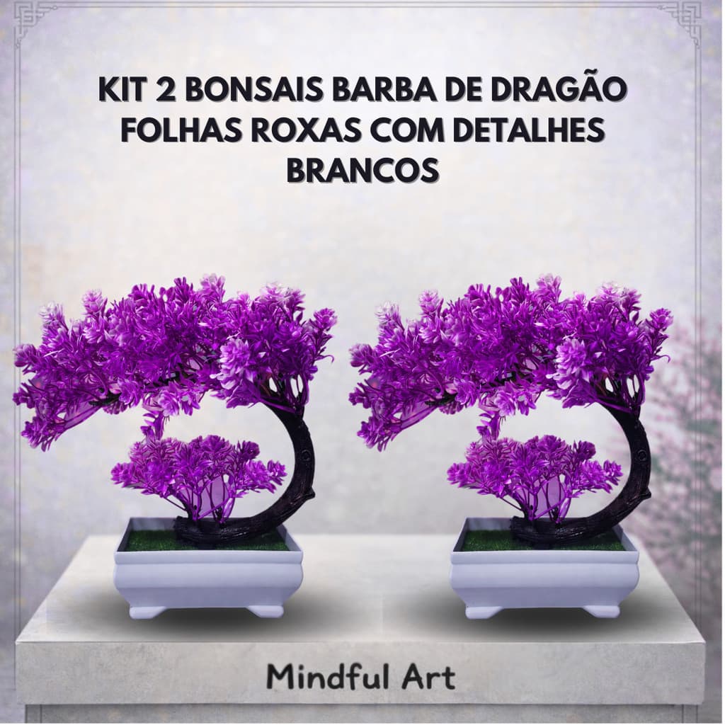 Kit 2 Bonsai Artificial Barba de Dragão Roxo Estilo Zen com Vaso Branco Minimalista e Elegante