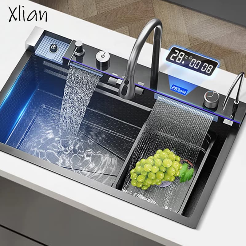 304 Aço Inoxidável Cachoeira Pia Da Cozinha Grande Único Slot Integrado Display Digital Conjunto Torneira Dispensador Sa