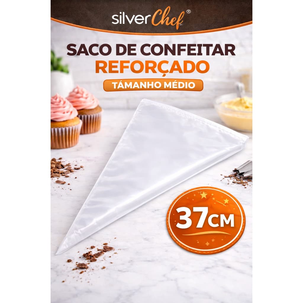 Saco de Confeitar Descartável 37cm Reforçado Silver Chef – Médio – Para Bolos, Recheios e Confeitaria Profissional
