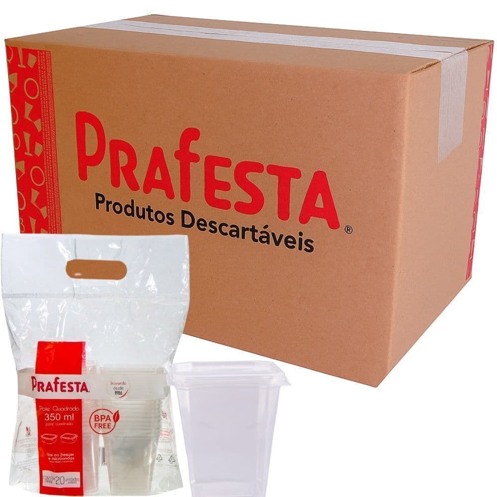 POTE QUADRADO 350ML COM TAMPA PRAFESTA – 12X20 (240 UNID) – POTE PLÁSTICO DESCARTÁVEL PARA ALIMENTOS
