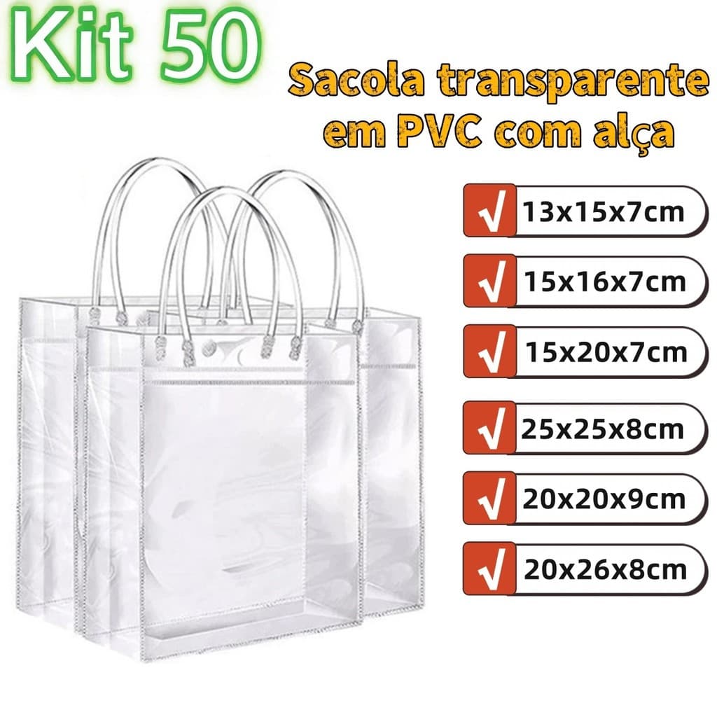 Kit 50 Sacolas PVC Transparente Atacado | Embalagem Para Lojistas, Festas e Revenda - Com Alça