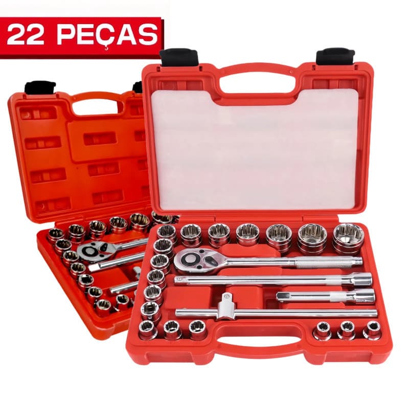 Kit 22 Peças Soquetes Estriados com Catraca Reversível - Jogo Profissional para Mecânica