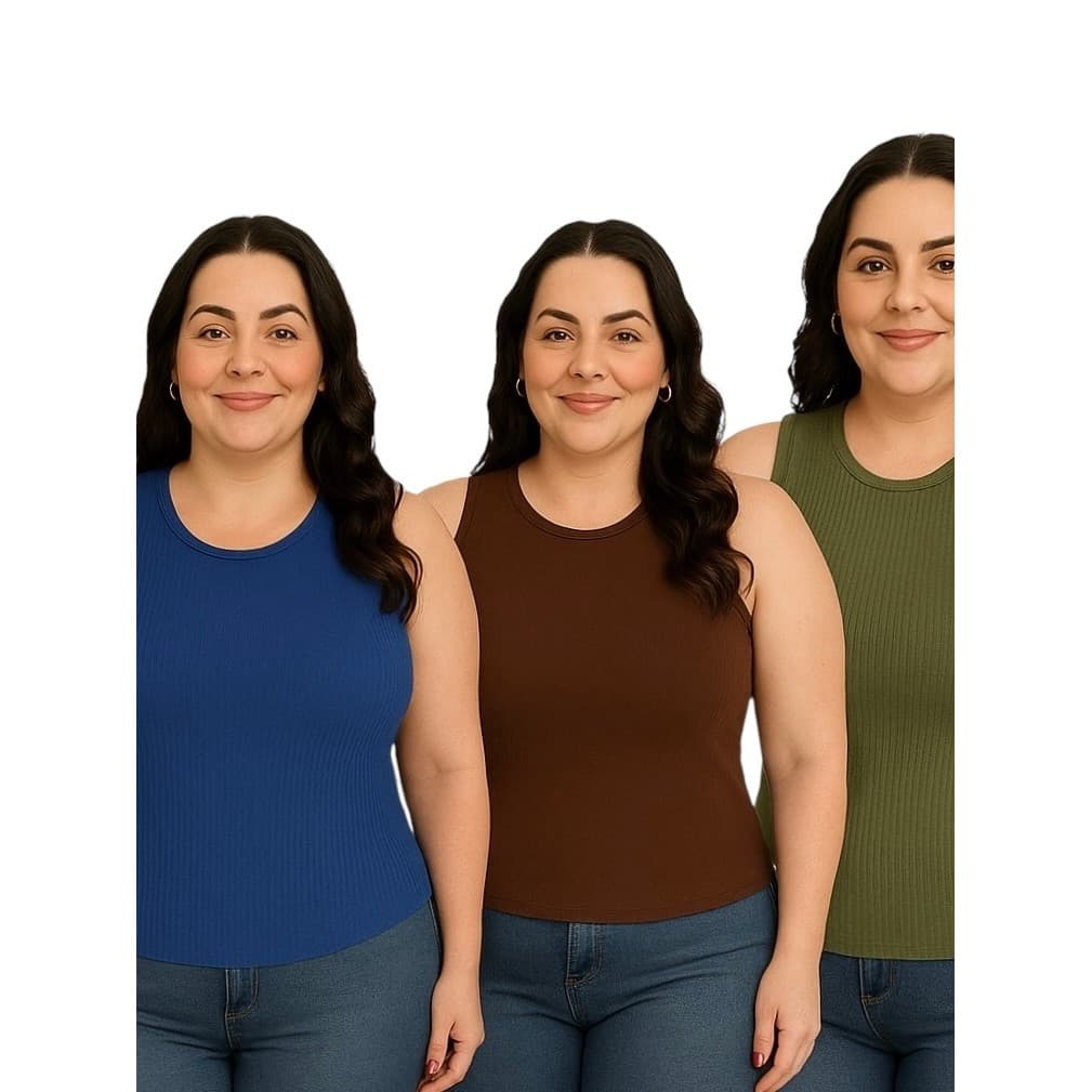 Kit 3 peças Blusas Regatas Feminina Plus Size Gola Redonda Cavada em Ribana Toque Suave Alta Qualidade e Conforto