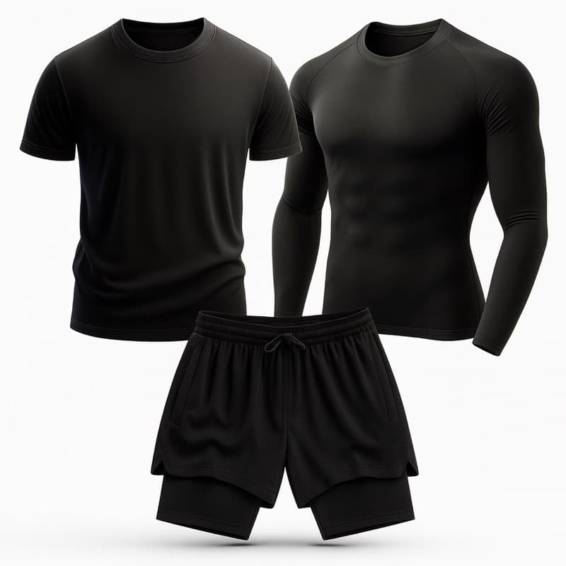 Kit Masculino 3 Peças – Camiseta Dry Fit + Camiseta Manga Longa UV + Bermuda 2 em 1 Compressão, Academia, Corrida