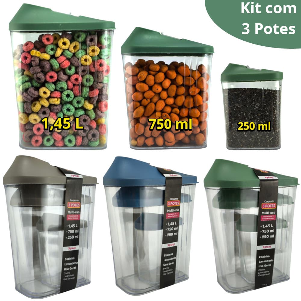 Kit com 3 POTES Acrilico Multi-uso - 1,45 L, 750 ml e 250 ml - Armazenamento de Alimentos