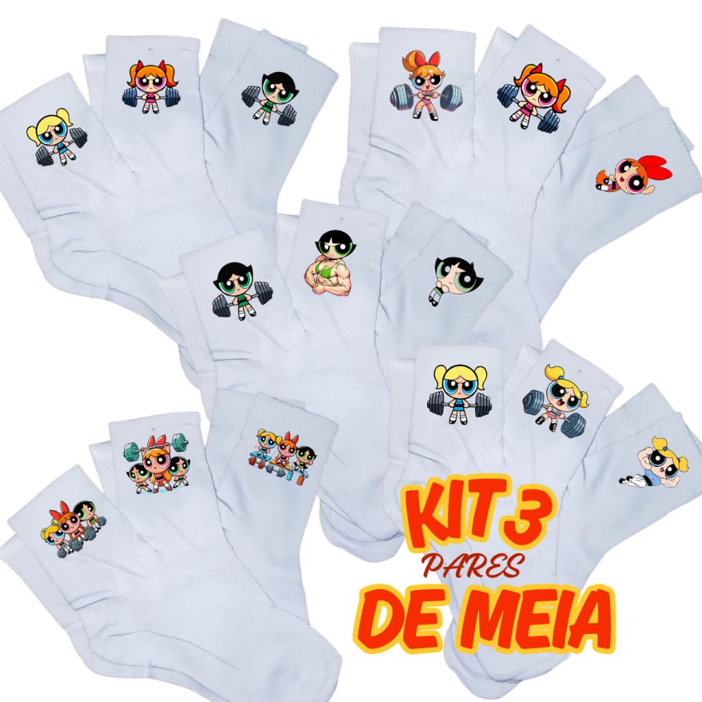 Kit 3 Pares Meias Femininas Esportivas Estampadas Super Poderosas Confortáveis Academia