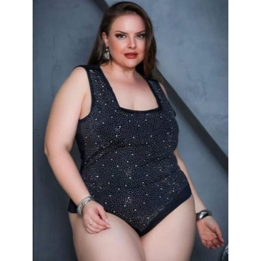 Body Feminino Plus Size Decote Quadrado Strass Pedraria