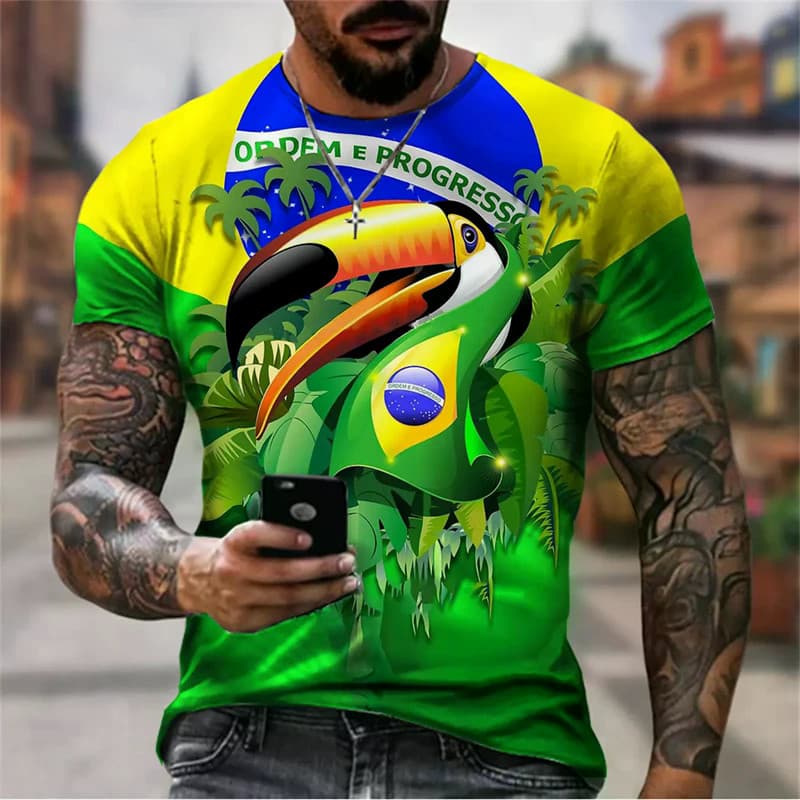 2026 Homem Moda Brasil Pattren Camiseta Harajuku Bandeira Do Impressão 3D Casual Esportes Ginásio Topos Manga Curta Tshi
