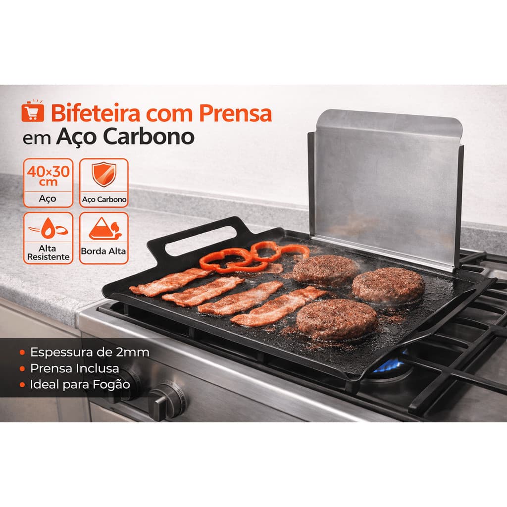 Chapa Bifeteira Aço Carbono 2mm p/ Fogão com Prensa Anti-Respingo Profissional - Diversos tamanhos