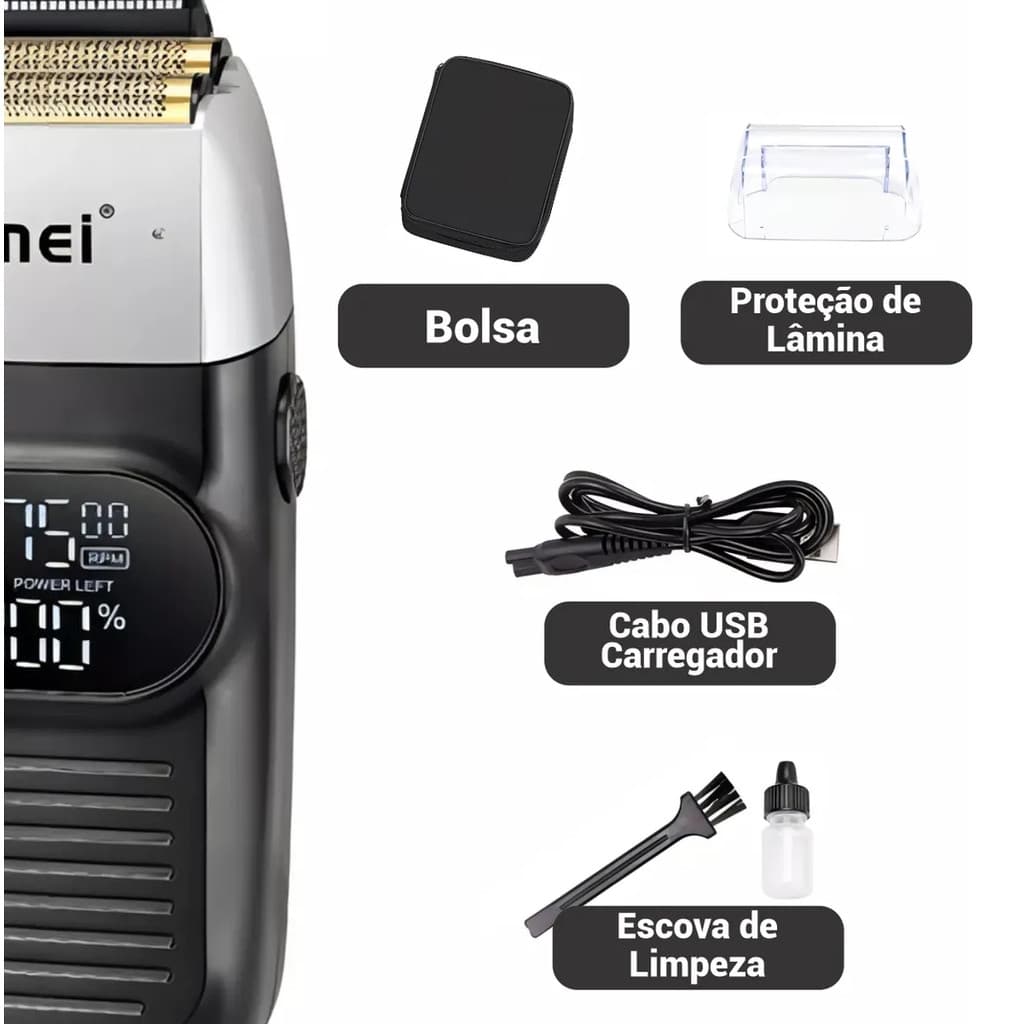 Barbeador Shaver Kemei (KM-2026) Profissional Display LCD Bivolt Corta Rente à Pele Preto USB