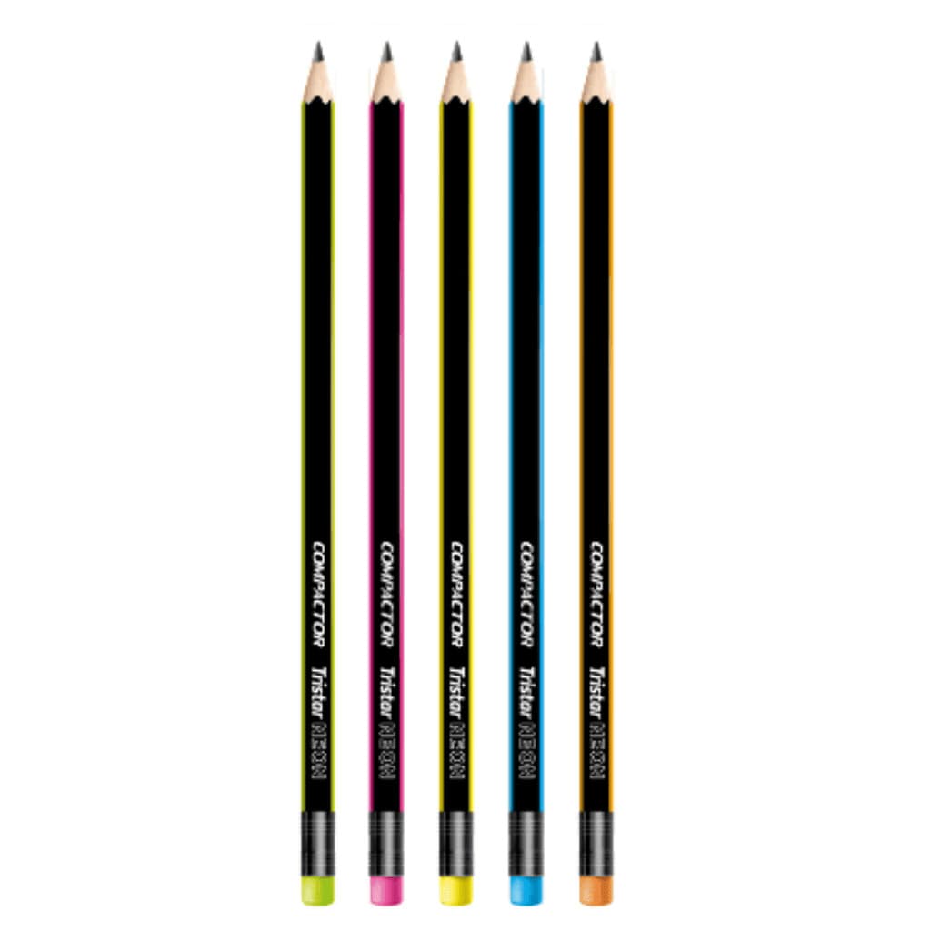 KIT 5 LAPIS TRIANGULAR C/ BORRACHA TRISTAR NEON HB N2 - COMPACTOR