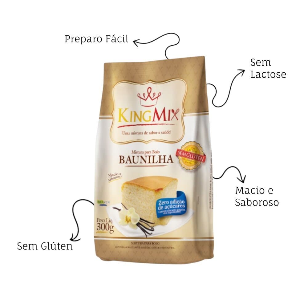 Mistura para Bolo Zero Açúcar Sabor Baunilha King Mix 300g Sem Glúten e Sem Lactose