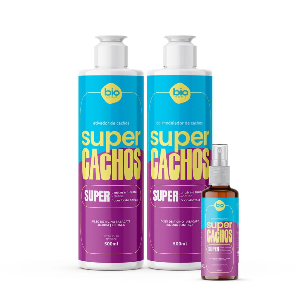 Ativador Super Cachos 500 ml + Gel Modelador de Cachos 500ml Super Cachos -  + Óleo Umedecedor Super Cachos Biovegetais