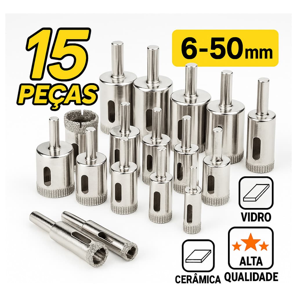 Serras Copo Diamantadas Vidro Cerâmica Etc 6-50mm 15 Peças