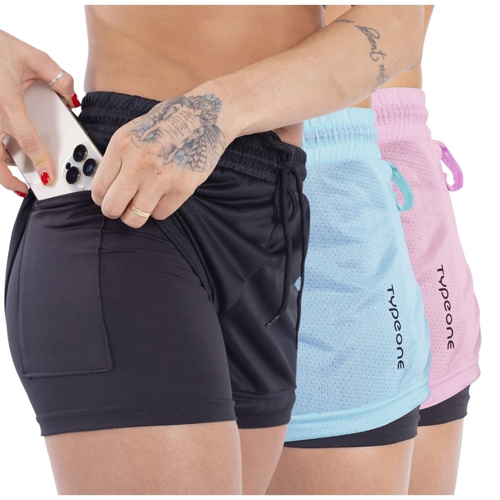 Shorts 2 em 1 Feminina Academia Duplo Short Bolso Suporte Celular Fitness CrossFit Caminhada