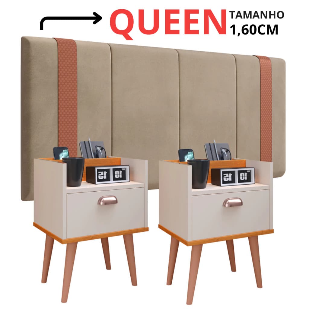 Kit 2 Mesas De Cabeceira Milena E Cabeceira Queen 1.60 Conjunto Criado Retro Varias Cores 1 Gaveta