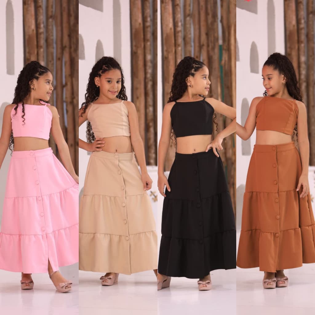 Conjunto Alfaiataria Saia Longa + Cropped Botões Forrados Infantil Luxo Para Meninas de 4 ao 16 anos