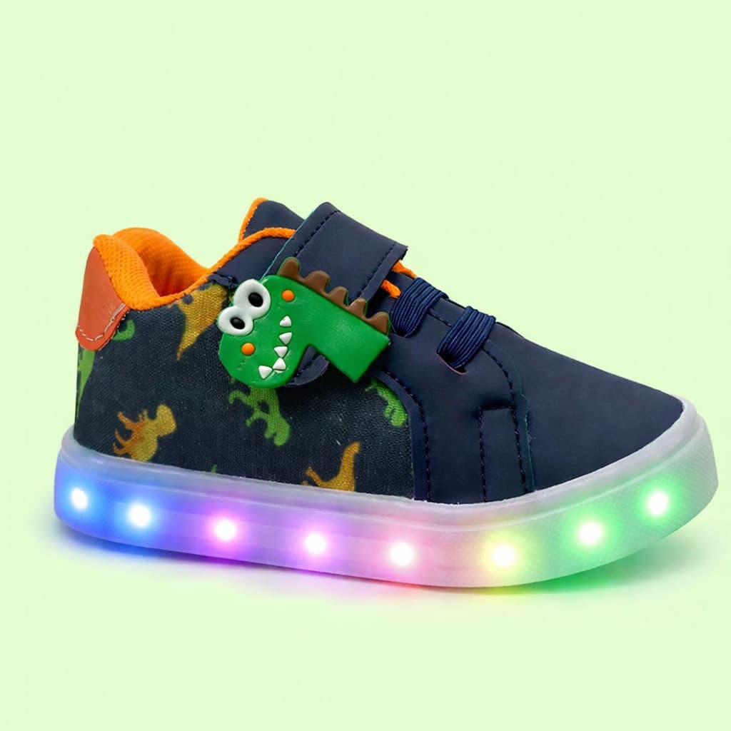 Tenis Luz de Led Menino Dinossauro Azul Masculino Sapato Criança Personagem