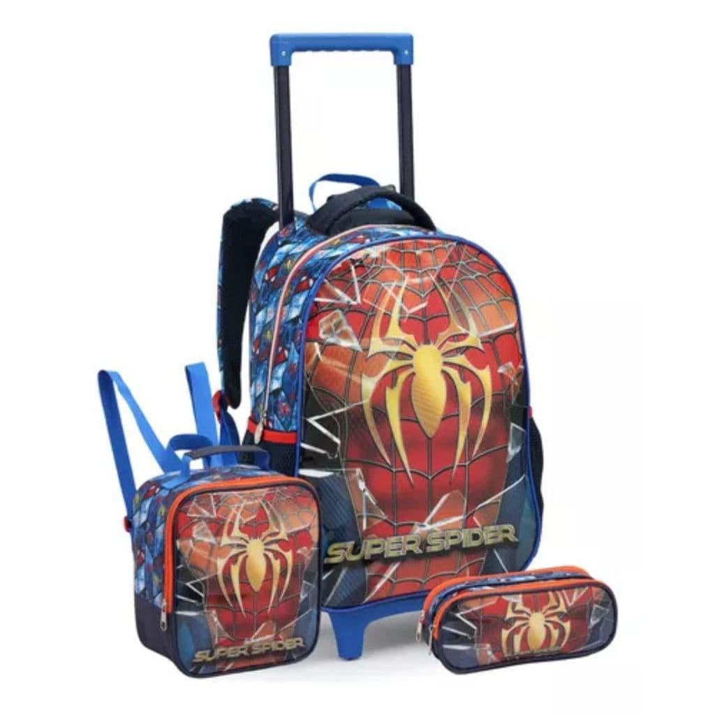 Kit Mochila Rodinhas Lancheira Estojo Homem Aranha Start Infantil Juvenil Super Spider Man Azul Seanite