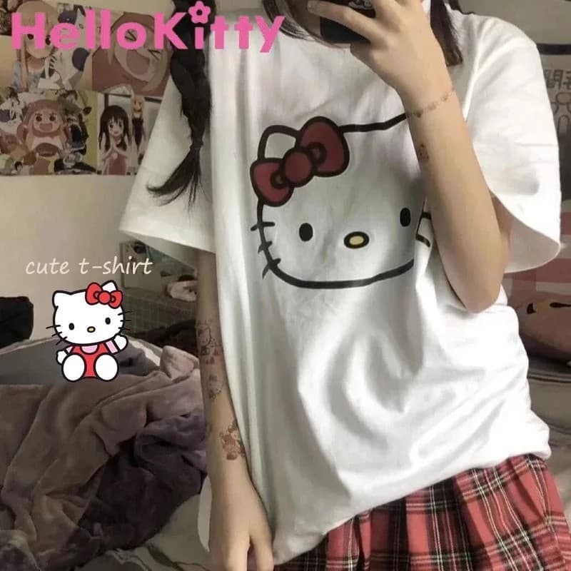 Camiseta Hello Kitty Feminina Premium Baby Tee Kawaii Aesthetic Harajuku Anime Fofa Camisa T-Shirt