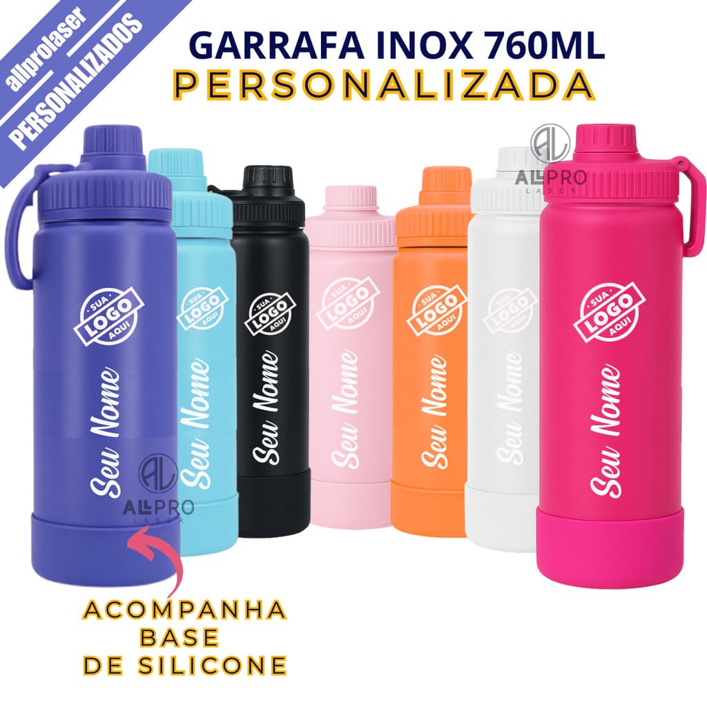 Garrafa Térmica Inox 760ml + Base Silicone Personalizada a Laser Logo Nome