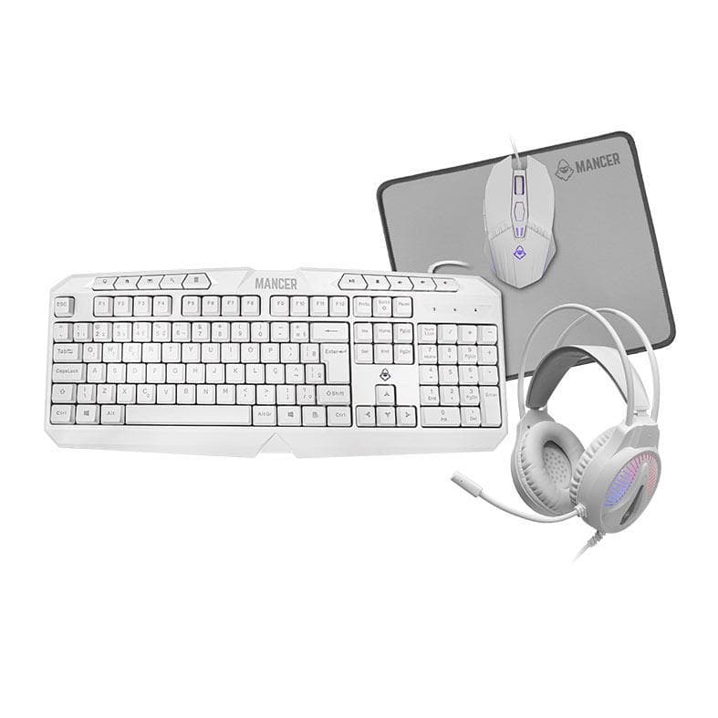 Combo Gamer Mancer ORC V2 4x1: Teclado ABNT2, Mouse 6400DPI, Mousepad, Headset 40mm, Branco